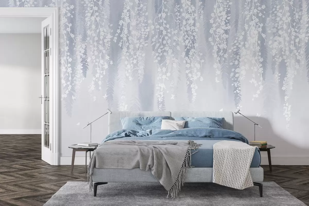 Fotobehang Koele blauwe versie van takken met witte bloemen w04417v2