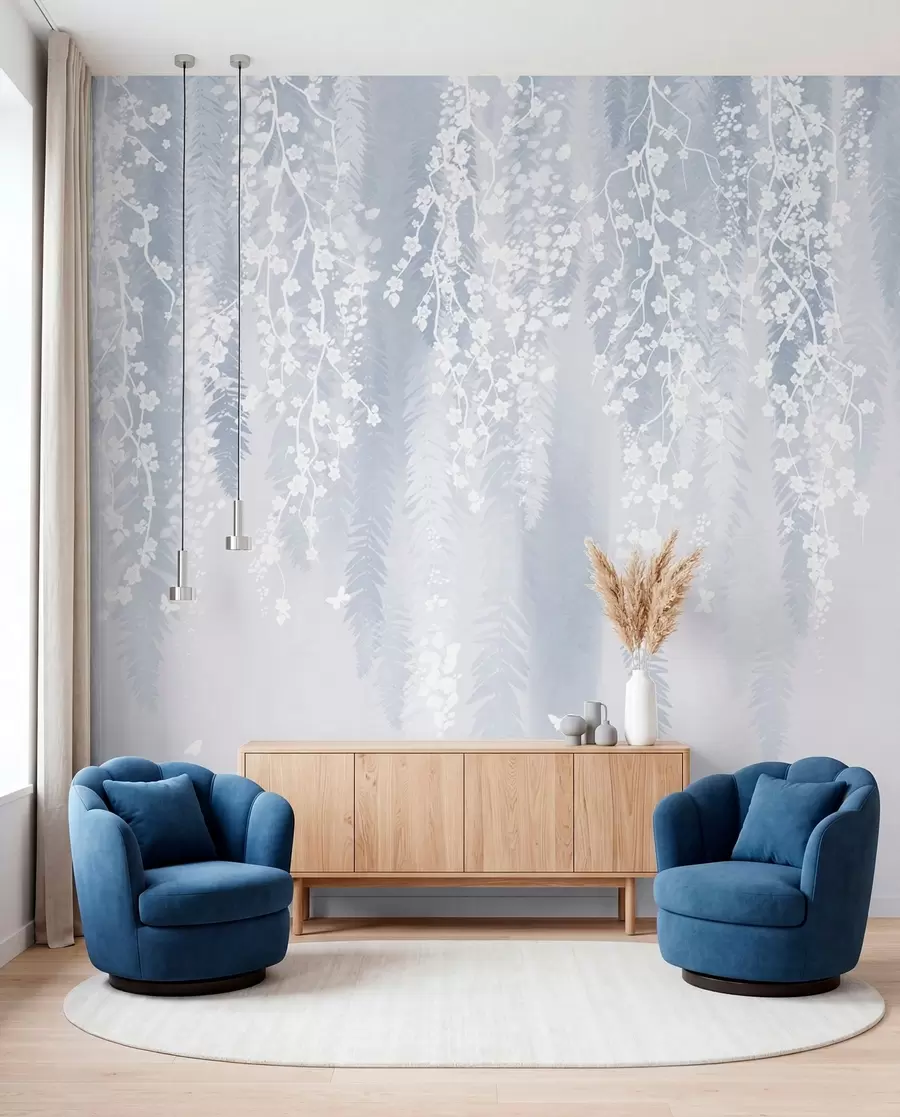 Fotobehang Koele blauwe versie van takken met witte bloemen w04417v2