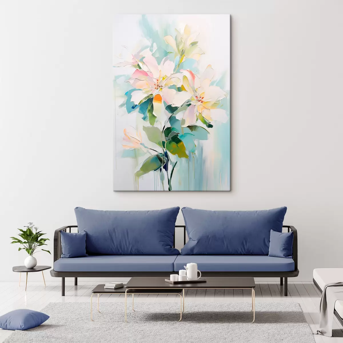  Peintures Fleurs avec accents colorés, feuilles vertes, coups de pinceau doux imitation peinture à l'huile, fond bleu clair s45549