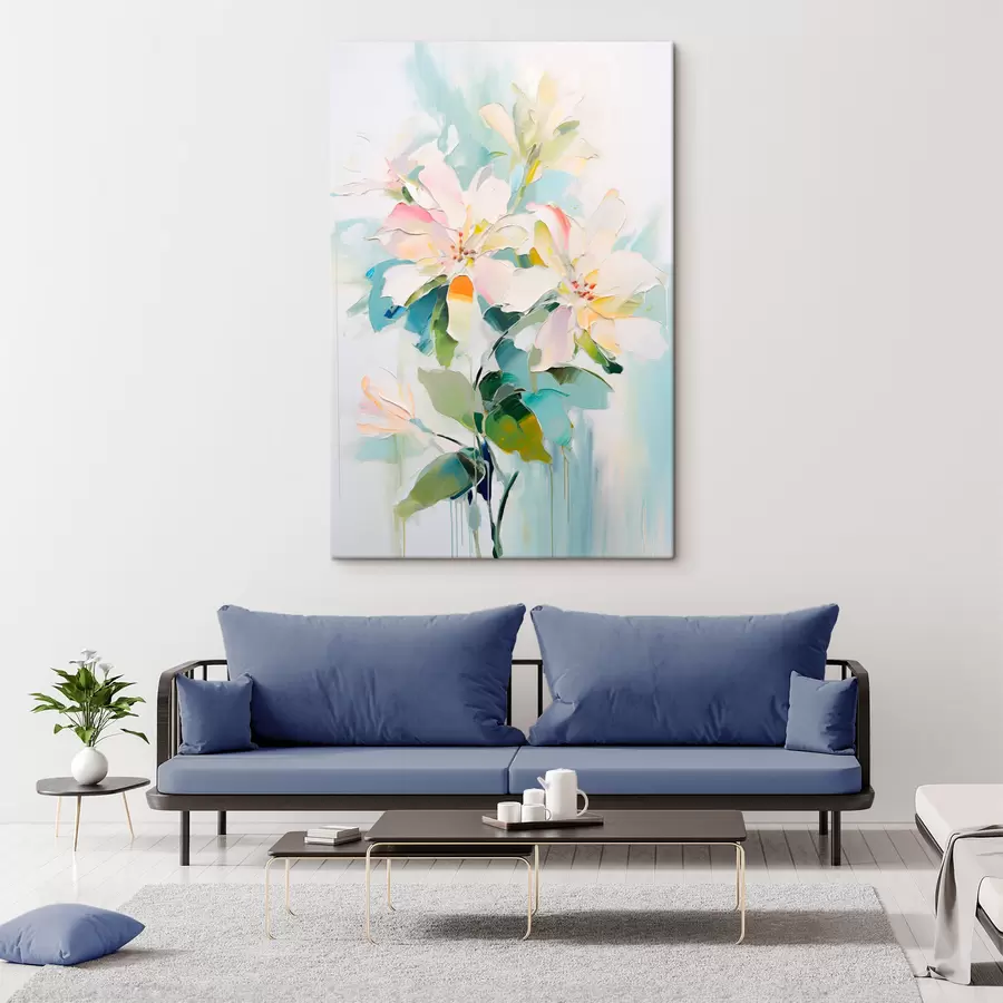  Peintures Fleurs avec accents colorés, feuilles vertes, coups de pinceau doux imitation peinture à l'huile, fond bleu clair s45549