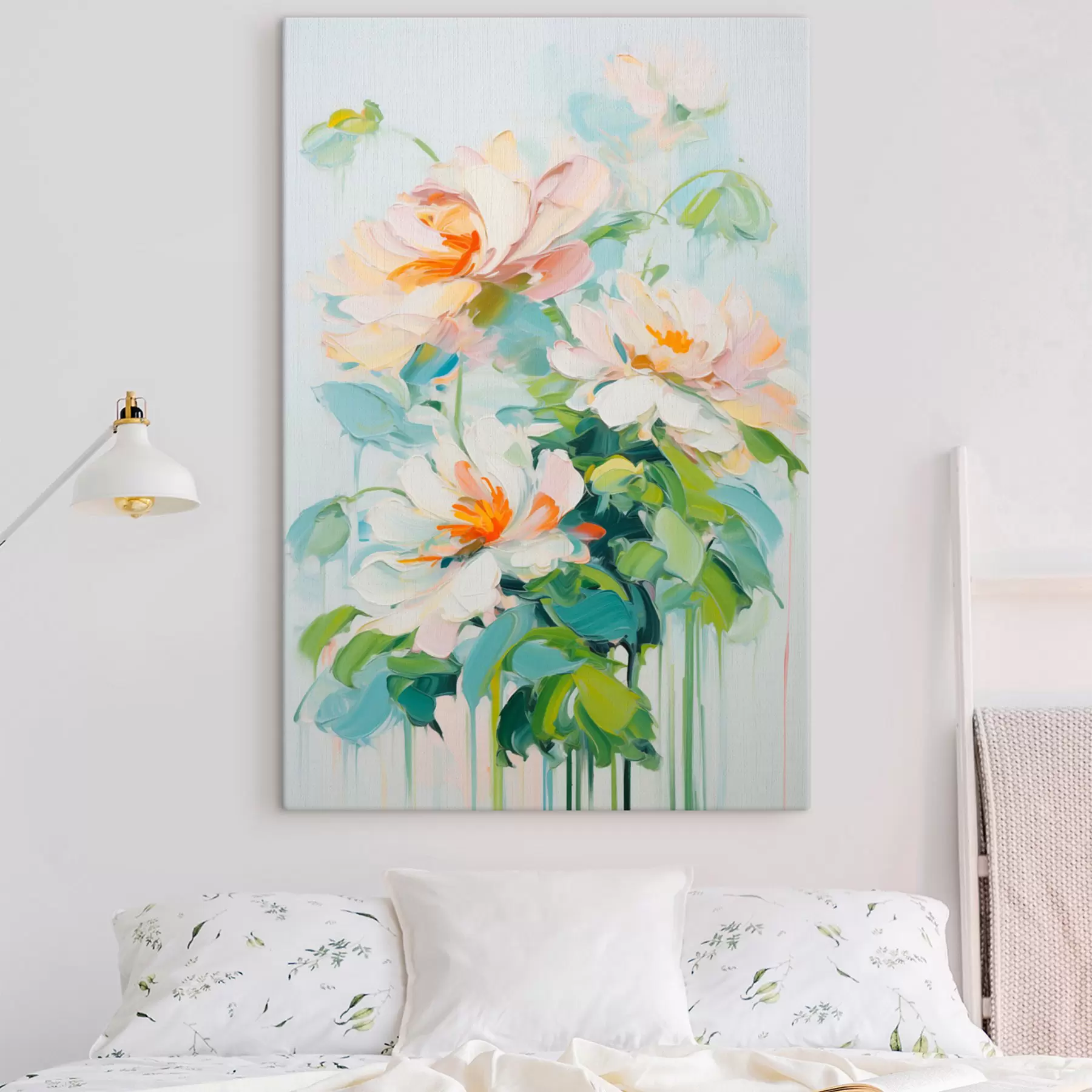  Peintures Fleurs de pêche blanches et pastel, feuilles vertes, coups de pinceau doux imitation peinture à l'huile, fond bleu clair s45550