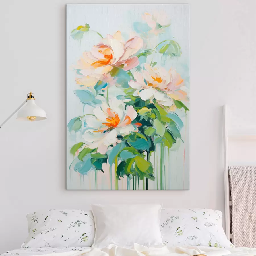  Peintures Fleurs de pêche blanches et pastel, feuilles vertes, coups de pinceau doux imitation peinture à l'huile, fond bleu clair s45550