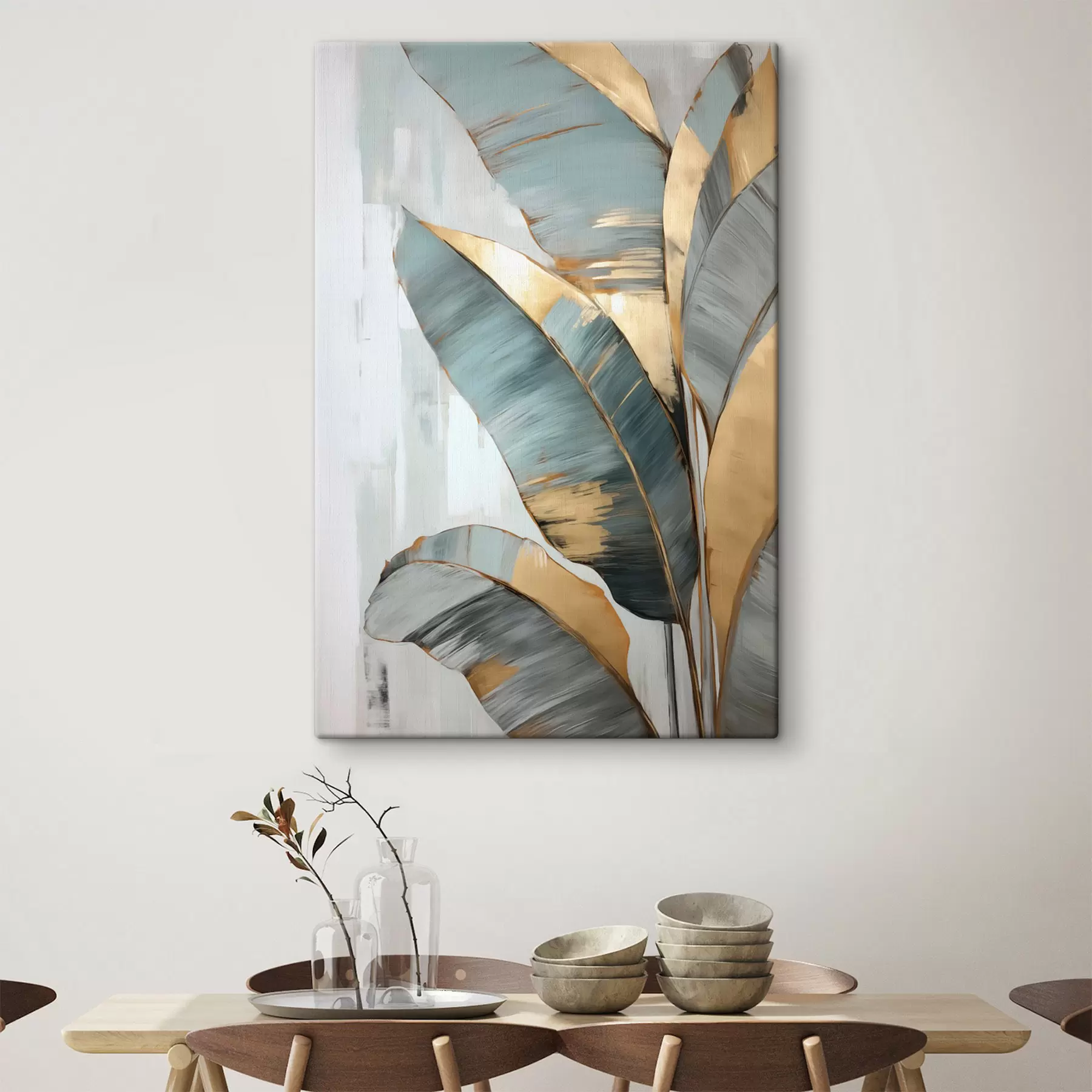  Peintures Un ensemble de feuilles de bananier bleues, grises et jaunes avec des coups de pinceau visibles, sur un fond blanc abstrait s45551