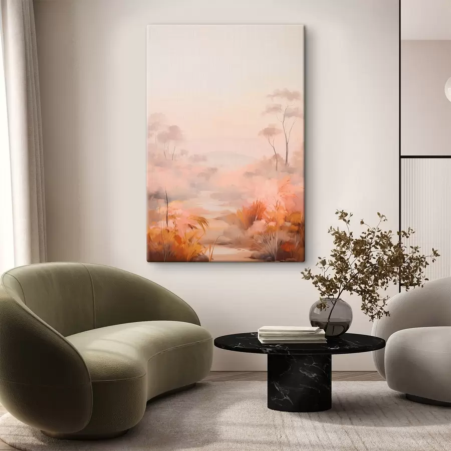  Schilderijen Een landschap met struiken en bomen in roze, oranje en bruine tinten, met bergen op de achtergrond s45553