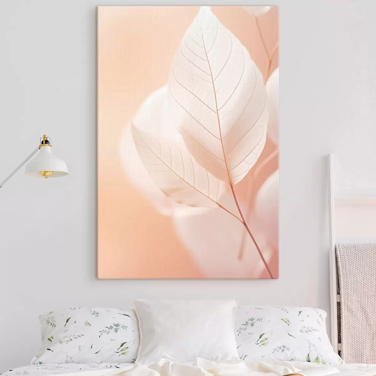  Peintures Feuilles délicates et translucides avec des motifs de veines complexes, fond pêche doux, composition botanique minimaliste s45555