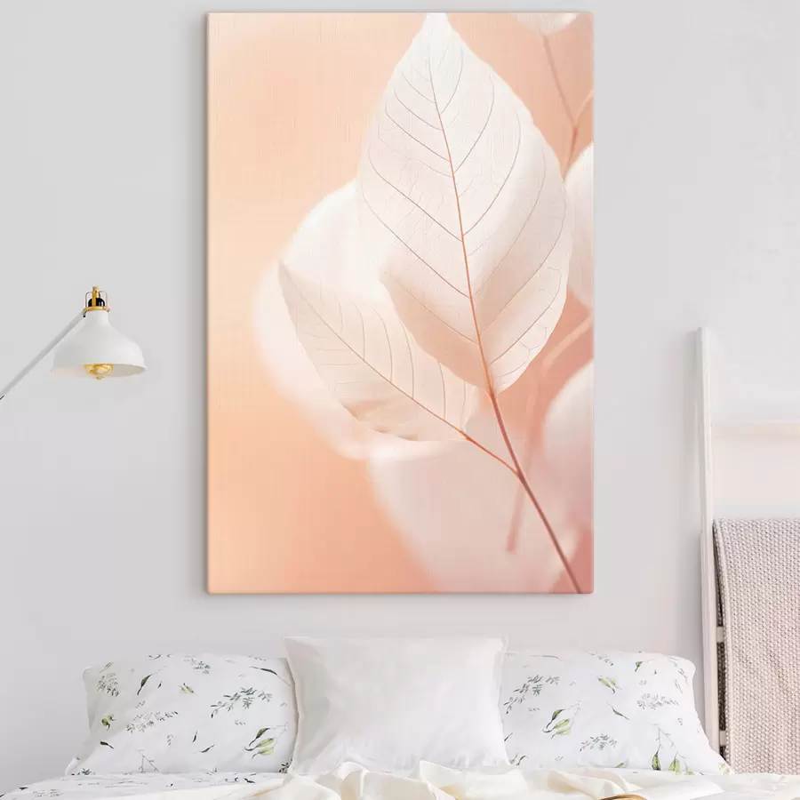  Peintures Feuilles délicates et translucides avec des motifs de veines complexes, fond pêche doux, composition botanique minimaliste s45555