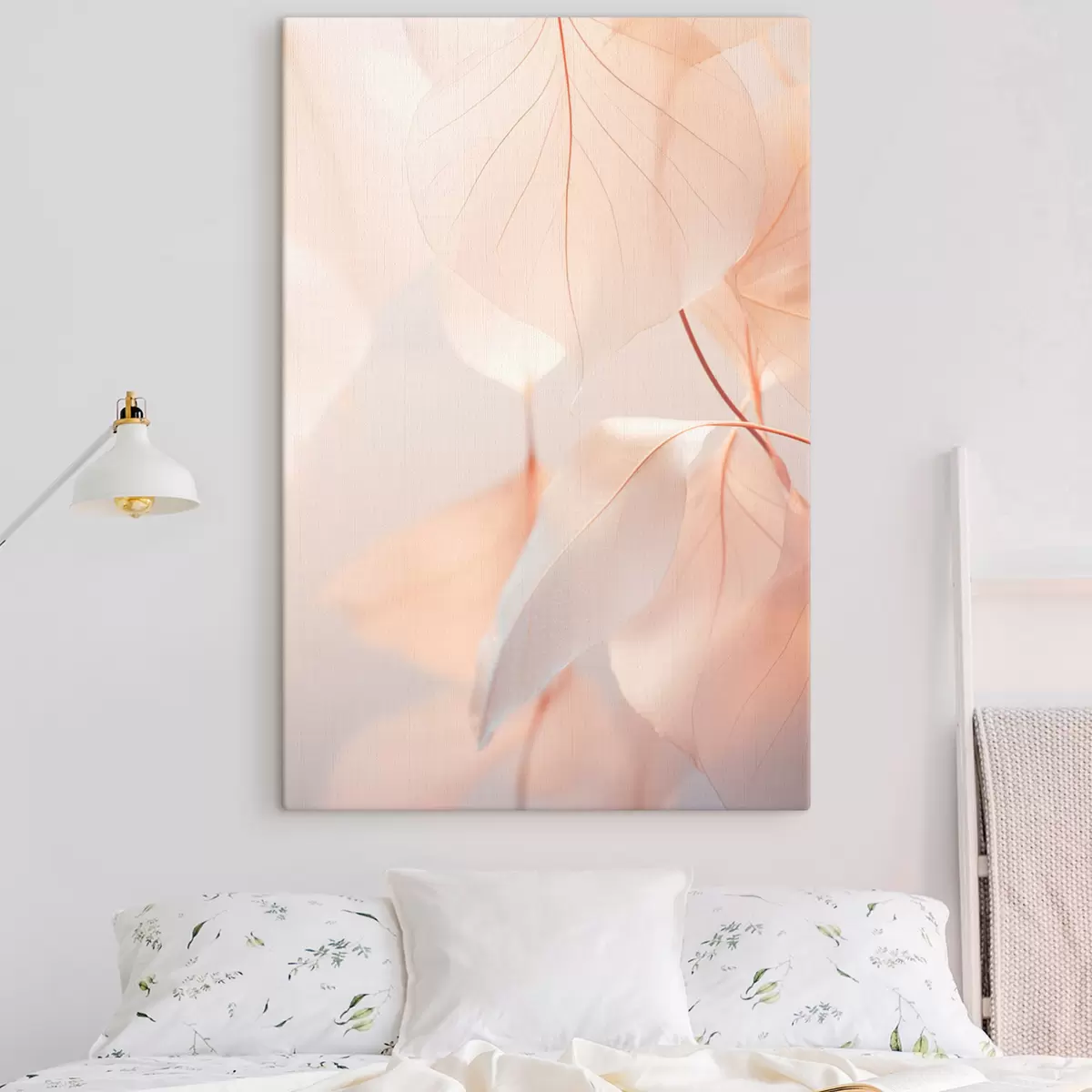  Peintures Gros plan sur des feuilles translucides aux nervures délicates, palette de couleurs pêche et blanc, arrière-plan flou s45556