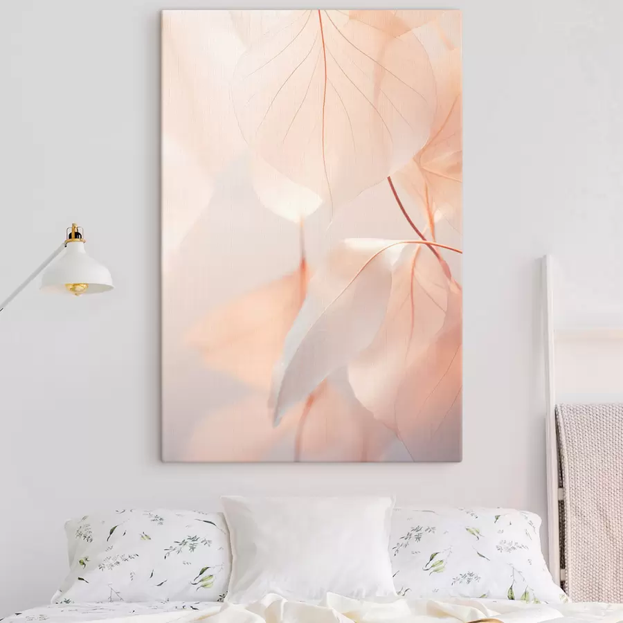  Peintures Gros plan sur des feuilles translucides aux nervures délicates, palette de couleurs pêche et blanc, arrière-plan flou s45556