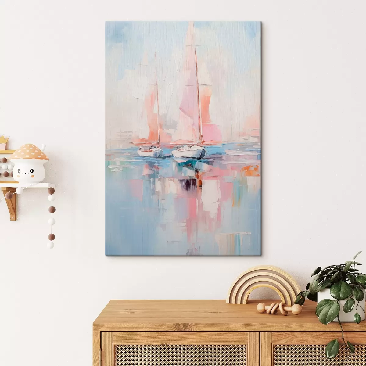  Schilderijen Zeilboten met roze zeilen drijvend op een kalme zee, reflecties van de boten in het water, zachte pastelkleuren s45557
