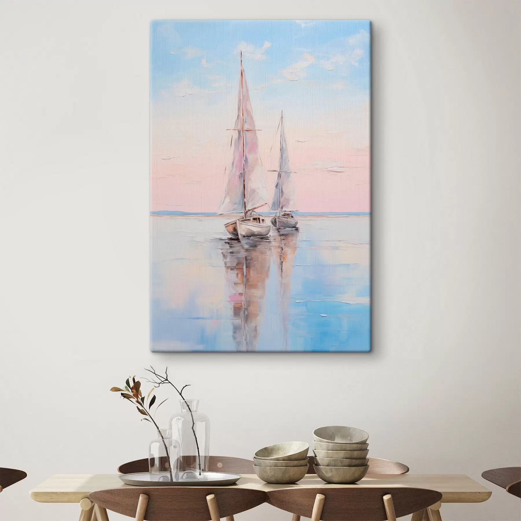  Peintures Voiliers aux voiles roses flottant sur une mer calme, reflets des bateaux dans l'eau, couleurs douces et pastel s45558