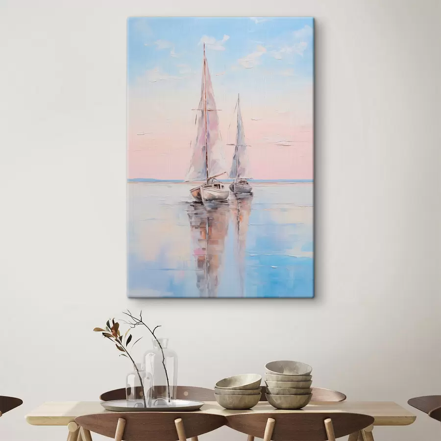  Schilderijen Zeilboten met roze zeilen drijvend op een kalme zee, reflecties van de boten in het water, zachte pastelkleuren s45558