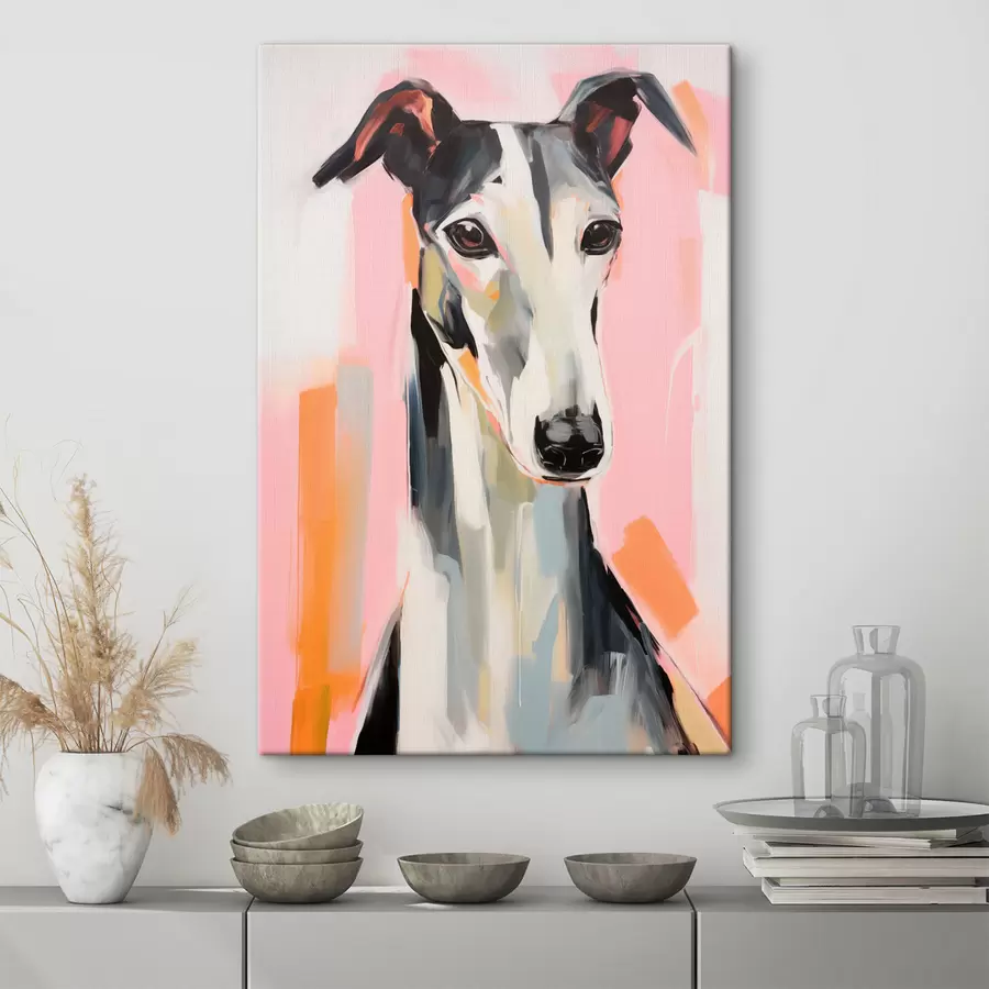  Peintures Un lévrier sur un fond de coups de pinceau roses, orange et blancs s45566