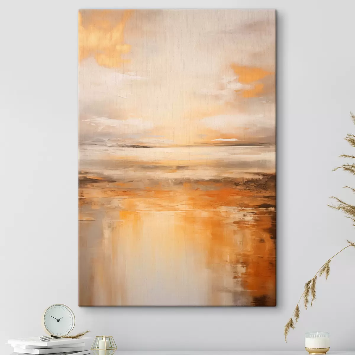  Schilderijen Een abstract schilderij van een strandlandschap met een kalme oceaan, oranje zand en een bewolkte lucht met zon s45567