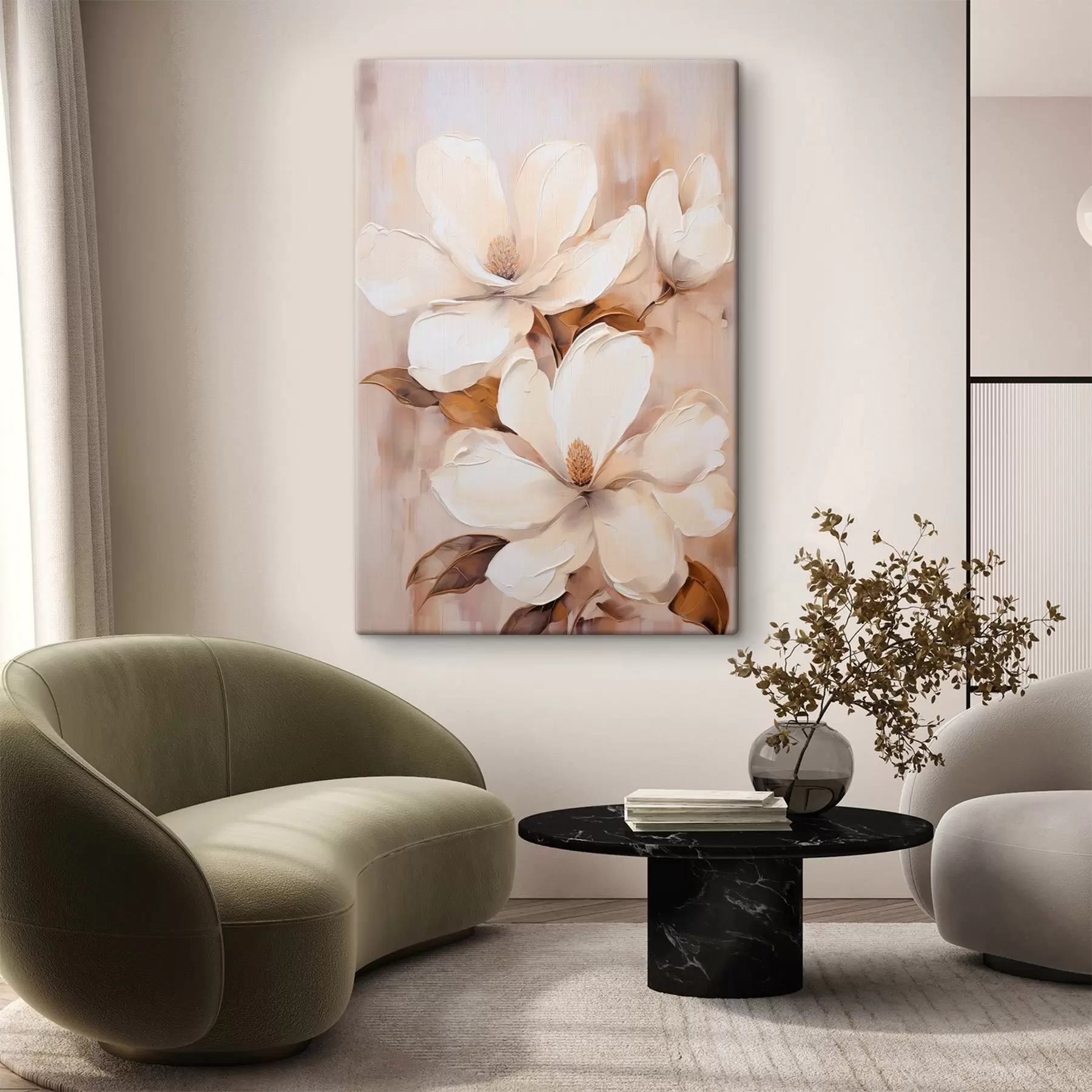  Peintures Fleurs de magnolia blanches sur un fond doux et flou de tons beiges et bruns, style peinture s45572
