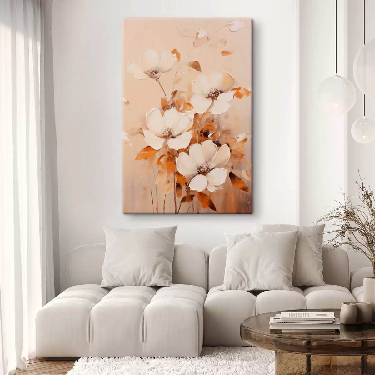  Schilderijen Witte bloemen met oranje bladeren, fijne penseelstreken, warm kleurenpalet, elegante compositie s45573