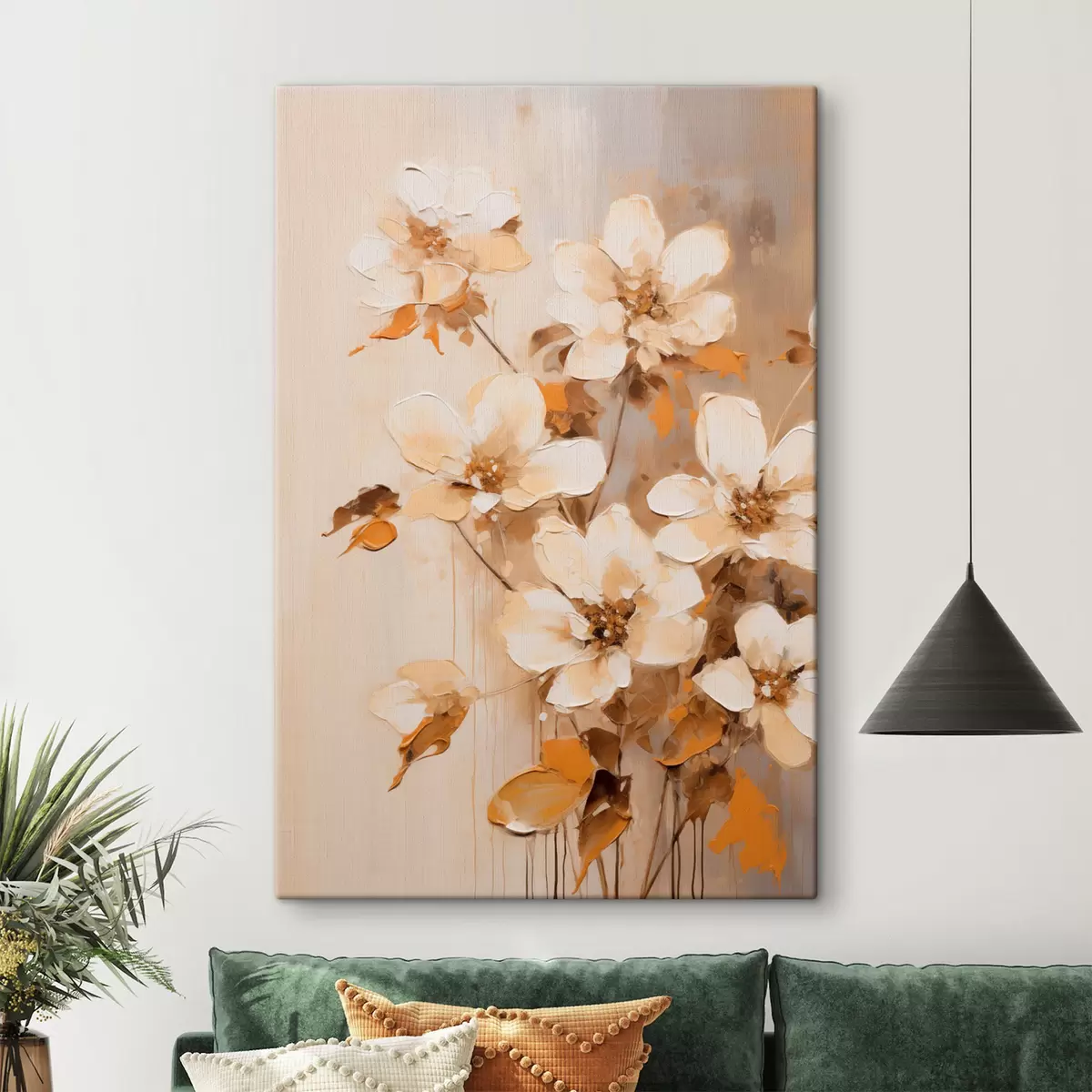  Schilderijen Witte bloemen met oranje bladeren, fijne penseelstreken, bloemstuk, botanische kunst s45574