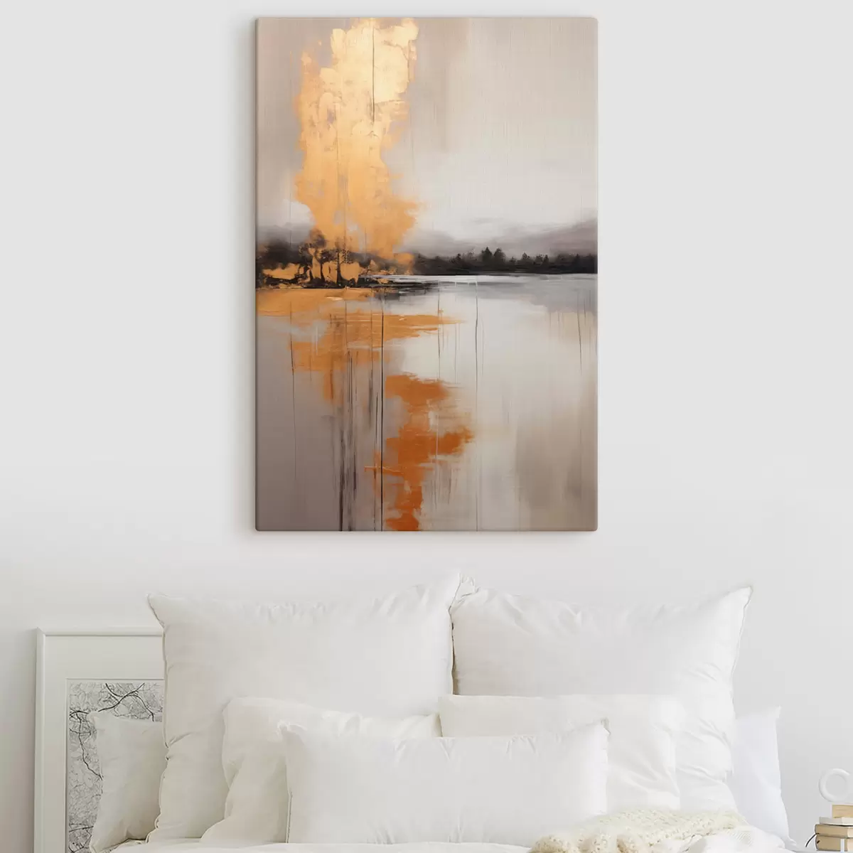  Peintures Un paysage abstrait avec un lac, un arbre et un brouillard jaune, l'eau se reflète et le ciel est nuageux s45575