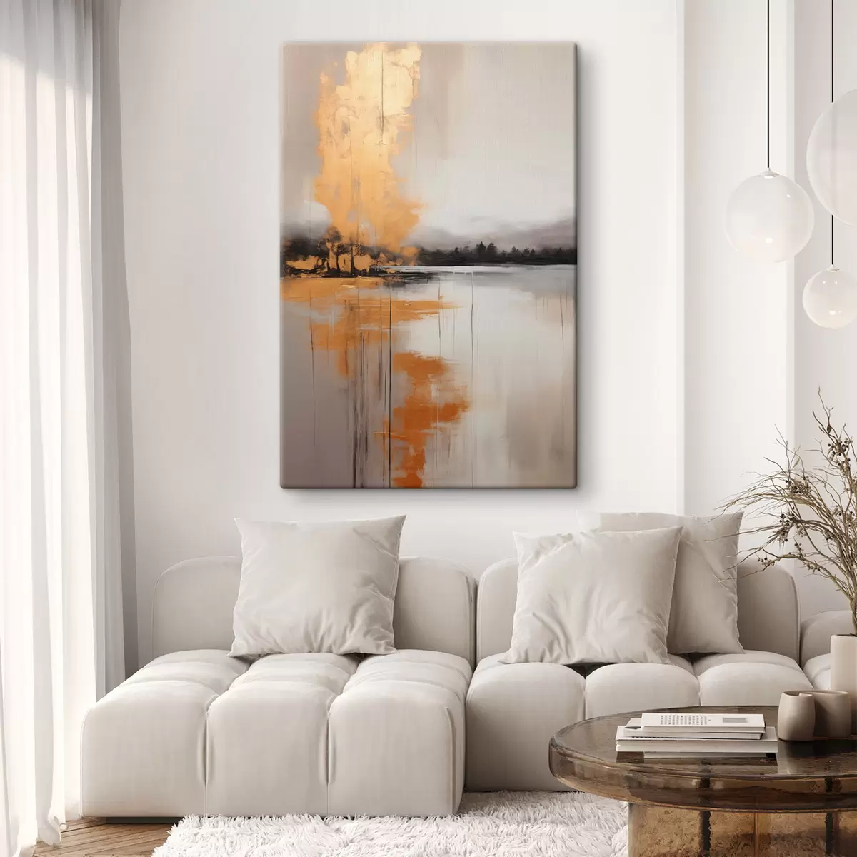  Peintures Un paysage abstrait avec un lac, un arbre et un brouillard jaune, l'eau se reflète et le ciel est nuageux s45575