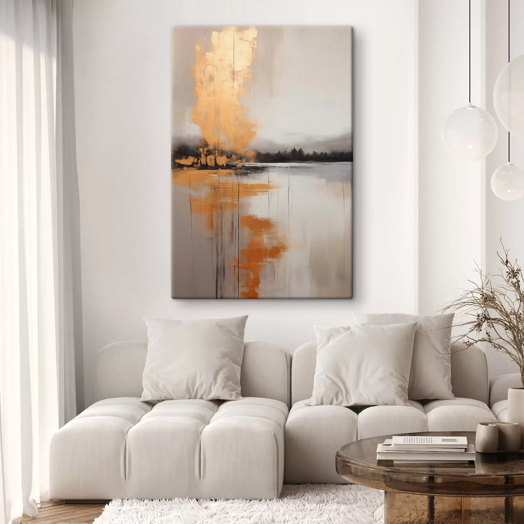  Schilderijen Een abstract landschap met een meer, boom en gele mist, het water weerspiegelt en bewolkte lucht s45575