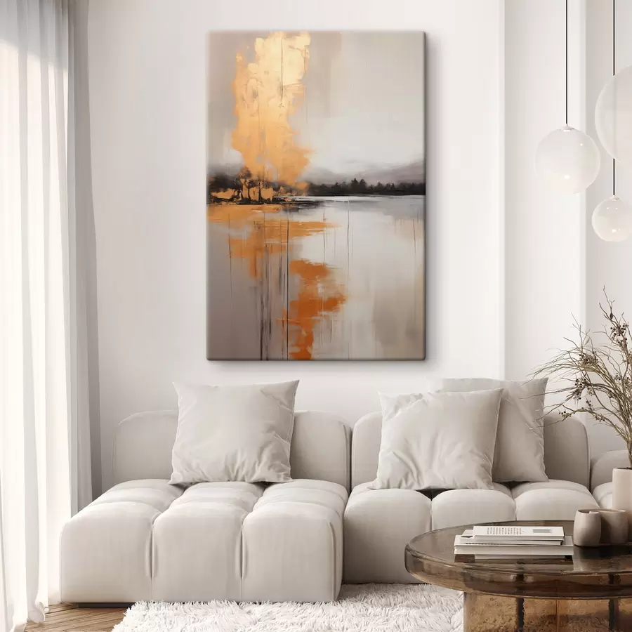  Schilderijen Een abstract landschap met een meer, boom en gele mist, het water weerspiegelt en bewolkte lucht s45575