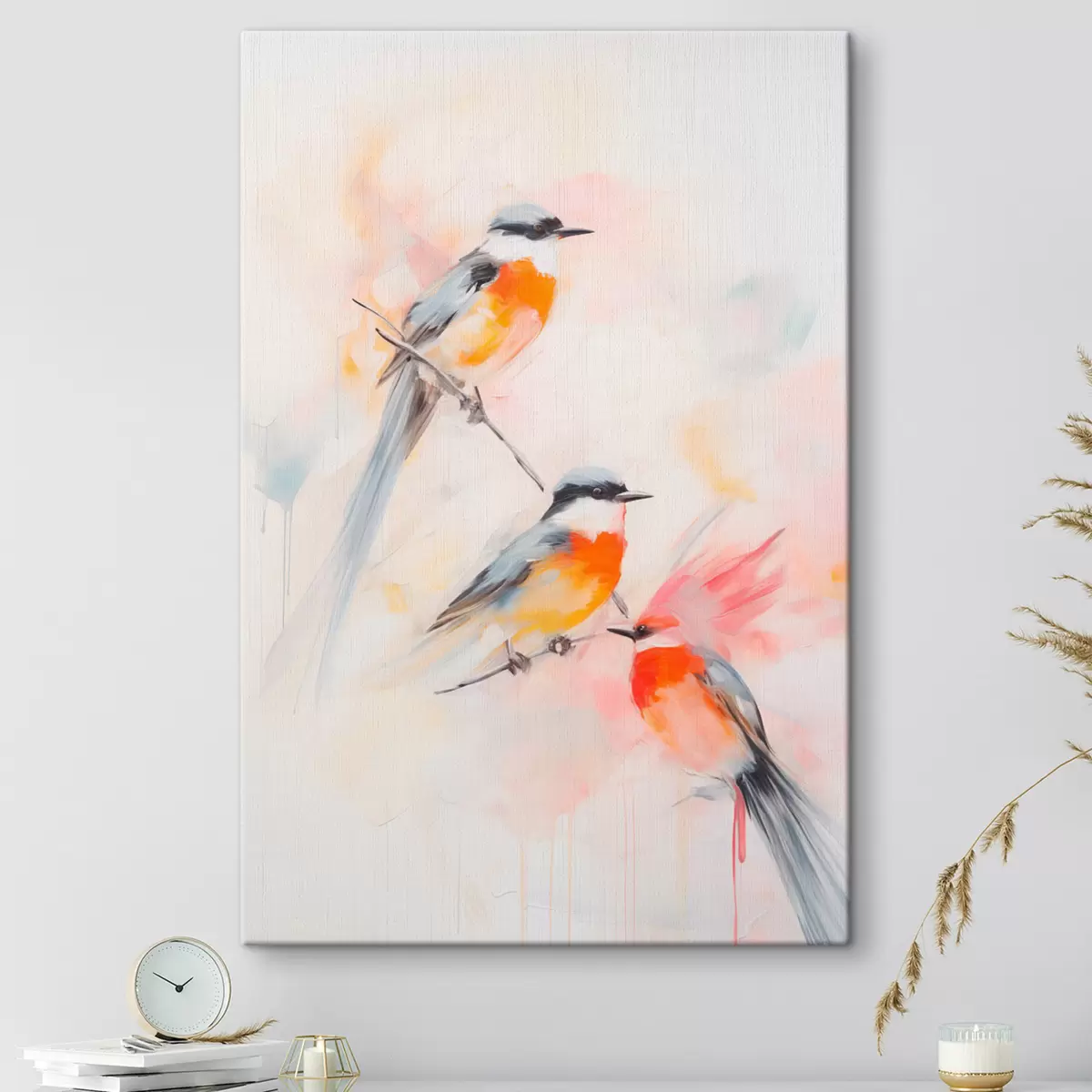  Schilderijen Vogels neergestreken op takken , zachte pastelkleuren, lichte achtergrond met roze en witte tinten s45577