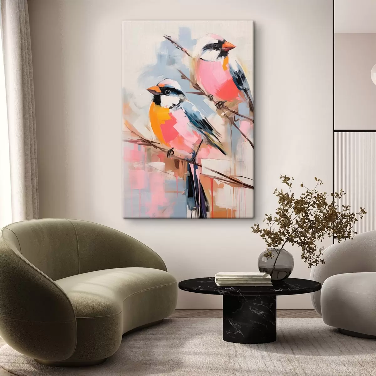  Peintures Oiseaux colorés perchés sur une branche sur un fond doux aux couleurs pastel s45578