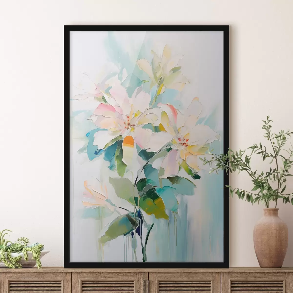 Poster Bloemen met kleurrijke accenten, groene bladeren, zachte penseelstreken olieverf imitatie, lichtblauwe achtergrond f45549