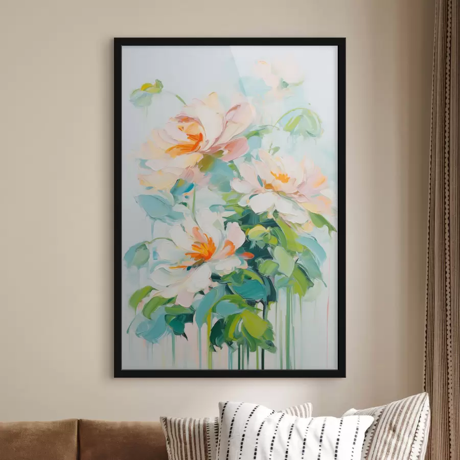 Papier peint photo Fleurs de pêche blanches et pastel, feuilles vertes, coups de pinceau doux imitation peinture à l'huile, fond bleu clair f45550