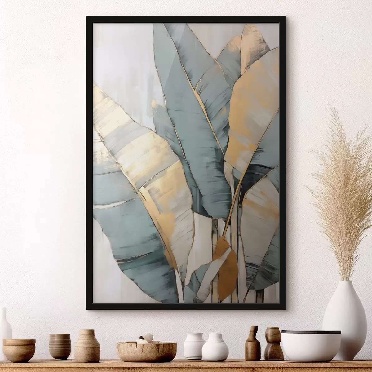 Poster Gedempte blauwe, grijze en gele bananenbladeren met zichtbare penseelstreken, op een witte abstracte achtergrond f45552