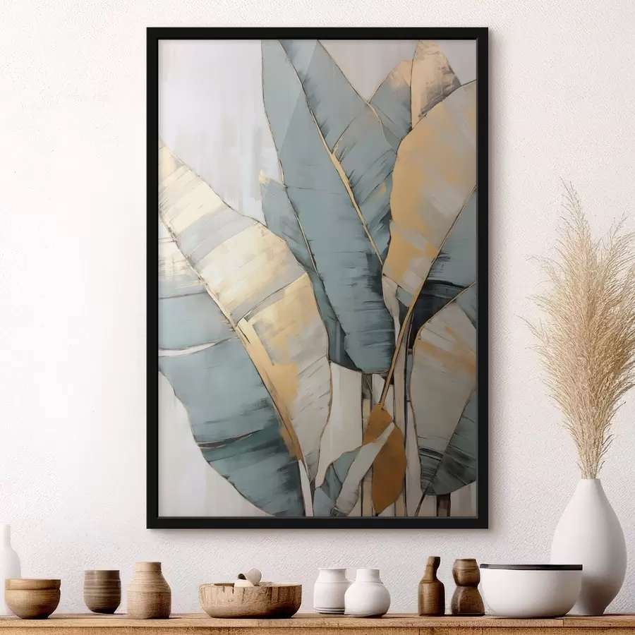 Papier peint photo Feuilles de bananier bleues, grises et jaunes avec des coups de pinceau visibles, sur un fond blanc abstrait f45552