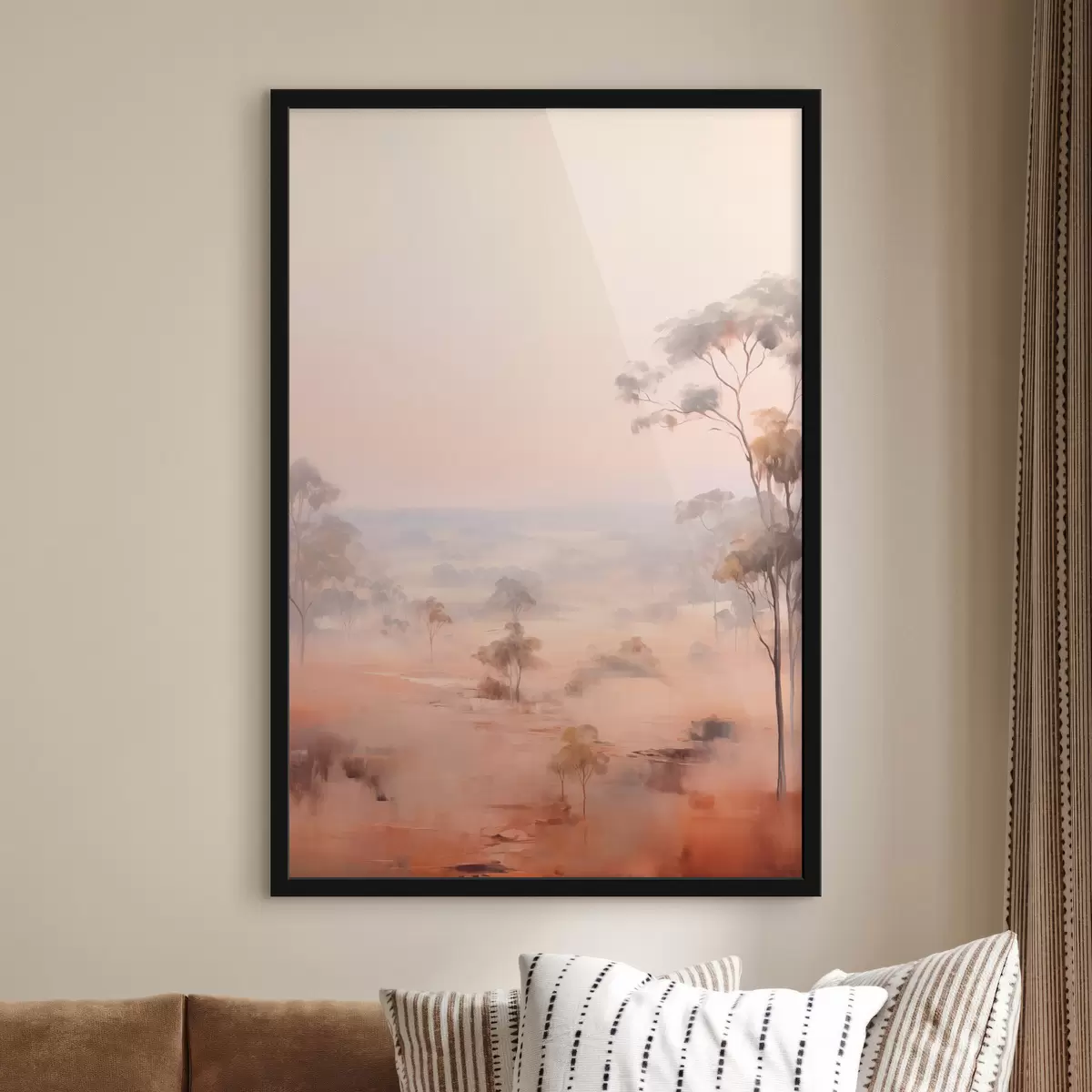 Affiche Un paysage avec des buissons et des arbres dans des tons pastel de rose, orange et brun, avec des montagnes en arrière-plan f45554