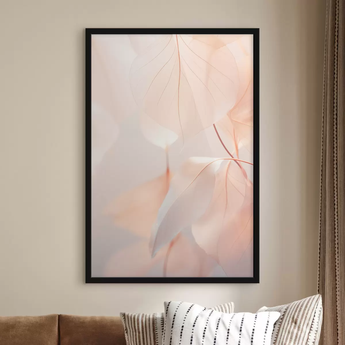 Affiche Gros plan sur des feuilles translucides aux nervures délicates, palette de couleurs pêche et blanc, arrière-plan flou f45556