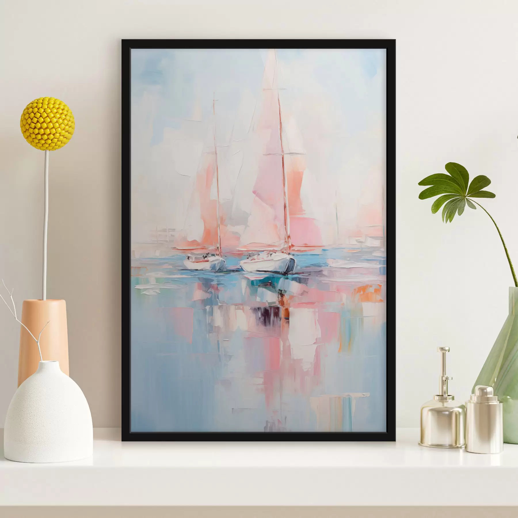 Fotobehang Zeilboten met roze zeilen drijvend op een kalme zee, reflecties van de boten in het water, zachte pastelkleuren f45557