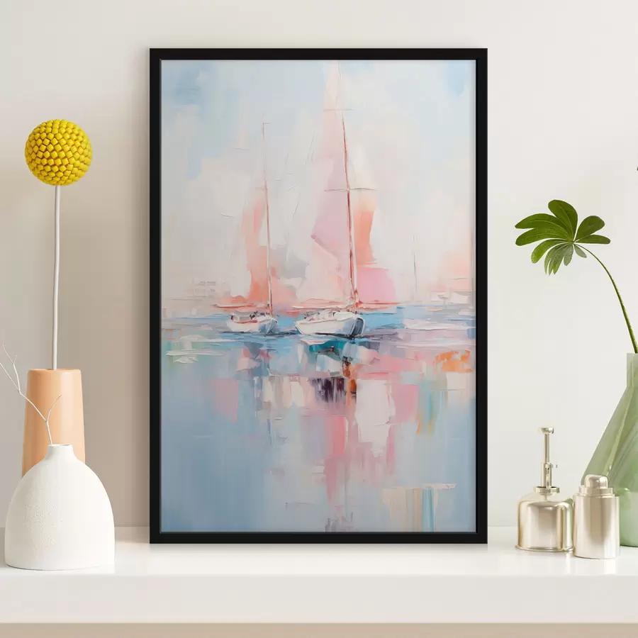 Papier peint photo Voiliers aux voiles roses flottant sur une mer calme, reflets des bateaux dans l'eau, couleurs douces et pastel f45557