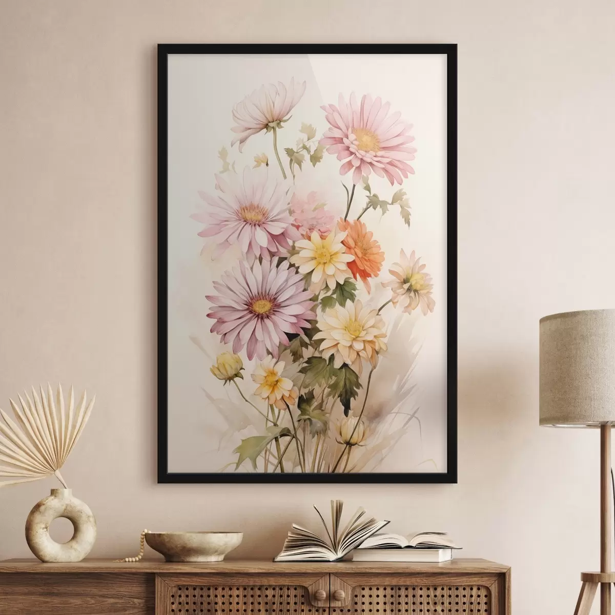 Affiche Bouquet de fleurs colorées, style aquarelle douce, sur fond clair f45559