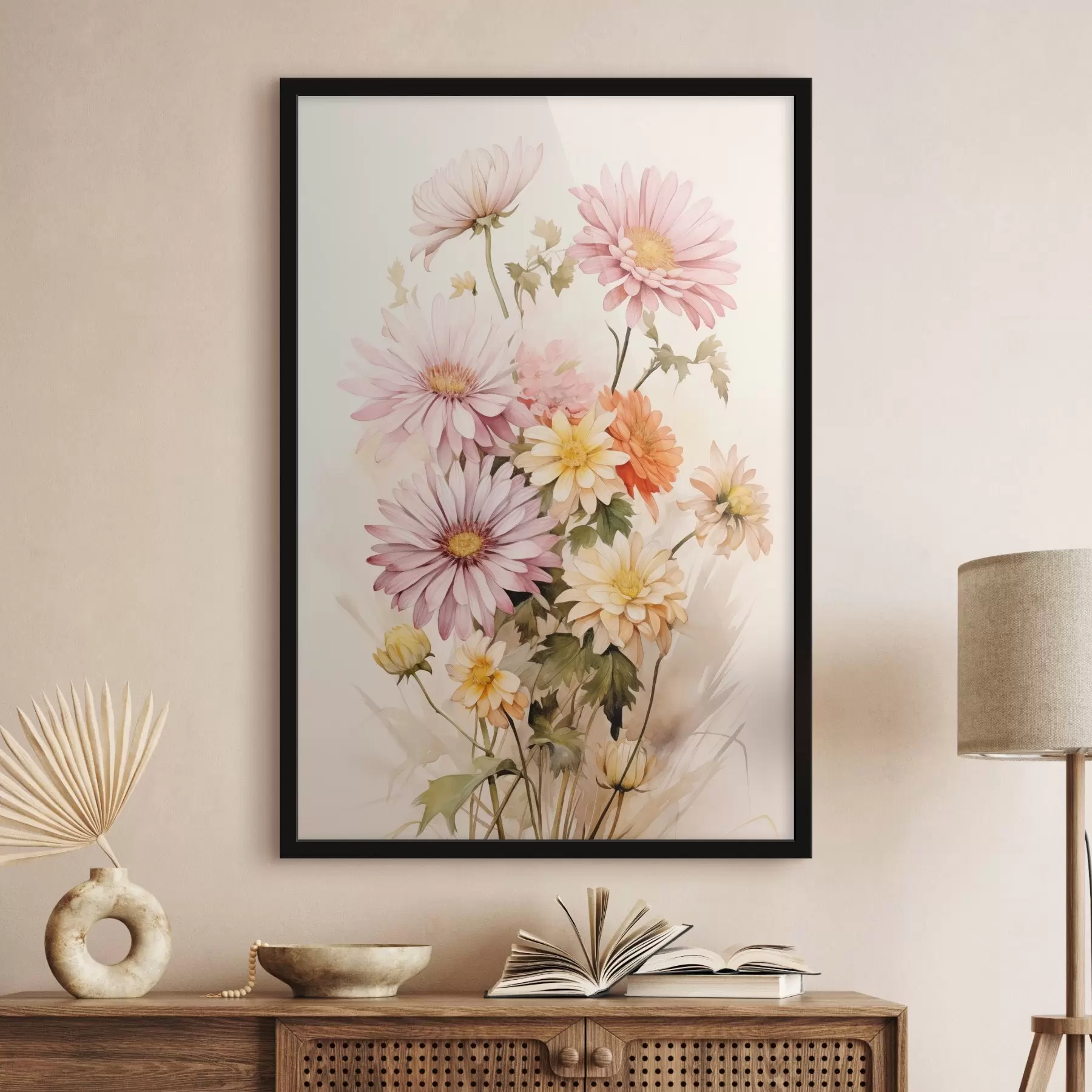 Fotobehang Een boeket kleurrijke bloemen, zachte aquarelstijl, op een lichte achtergrond f45559