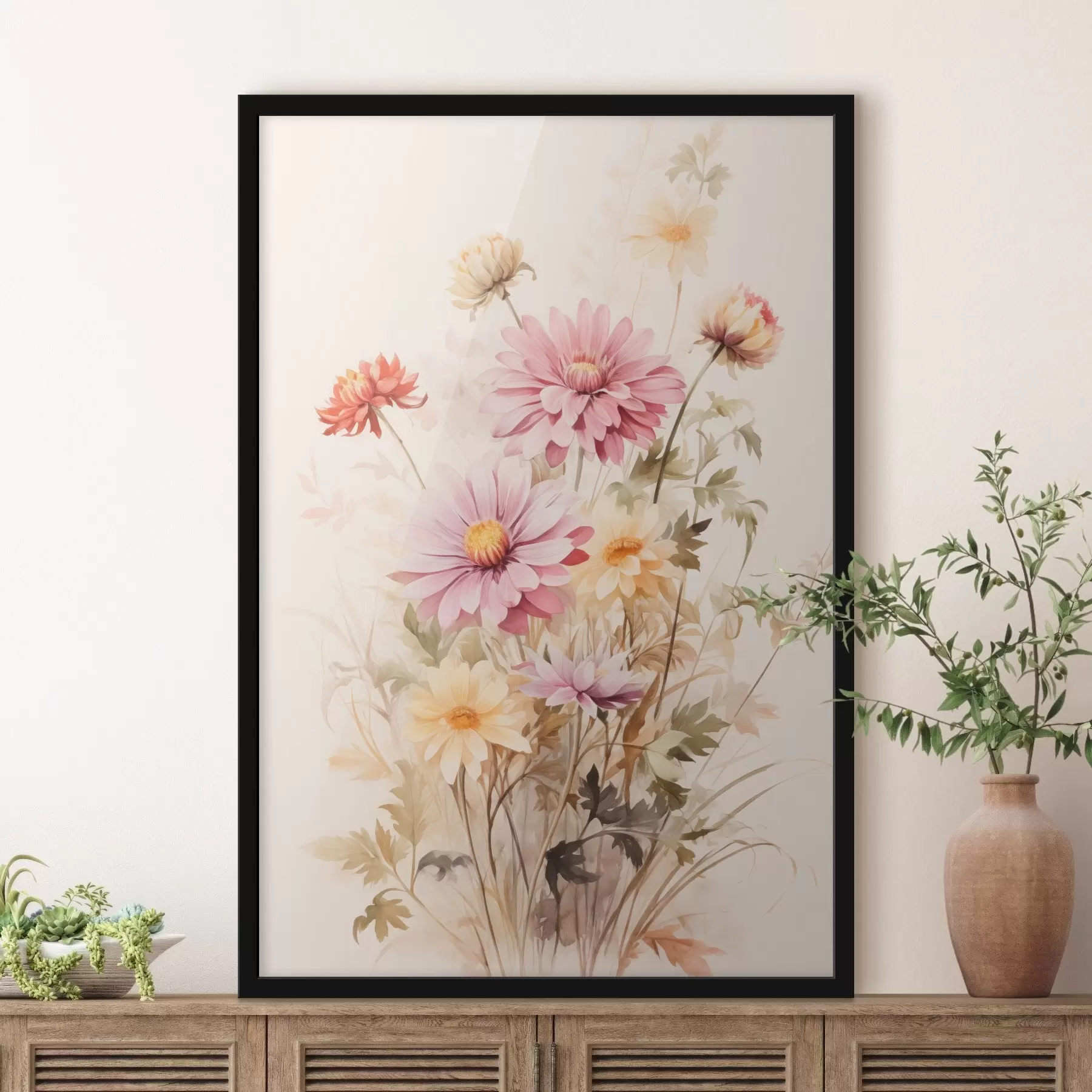 Fotobehang Een boeket kleurrijke bloemen, zachte aquarel stijl, op een lichte achtergrond, botanische illustratie f45560