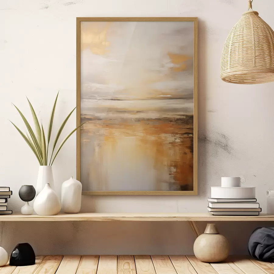 Papier peint photo Peinture abstraite d'un paysage de plage avec un océan calme, du sable orange et un ciel nuageux avec du soleil f45567
