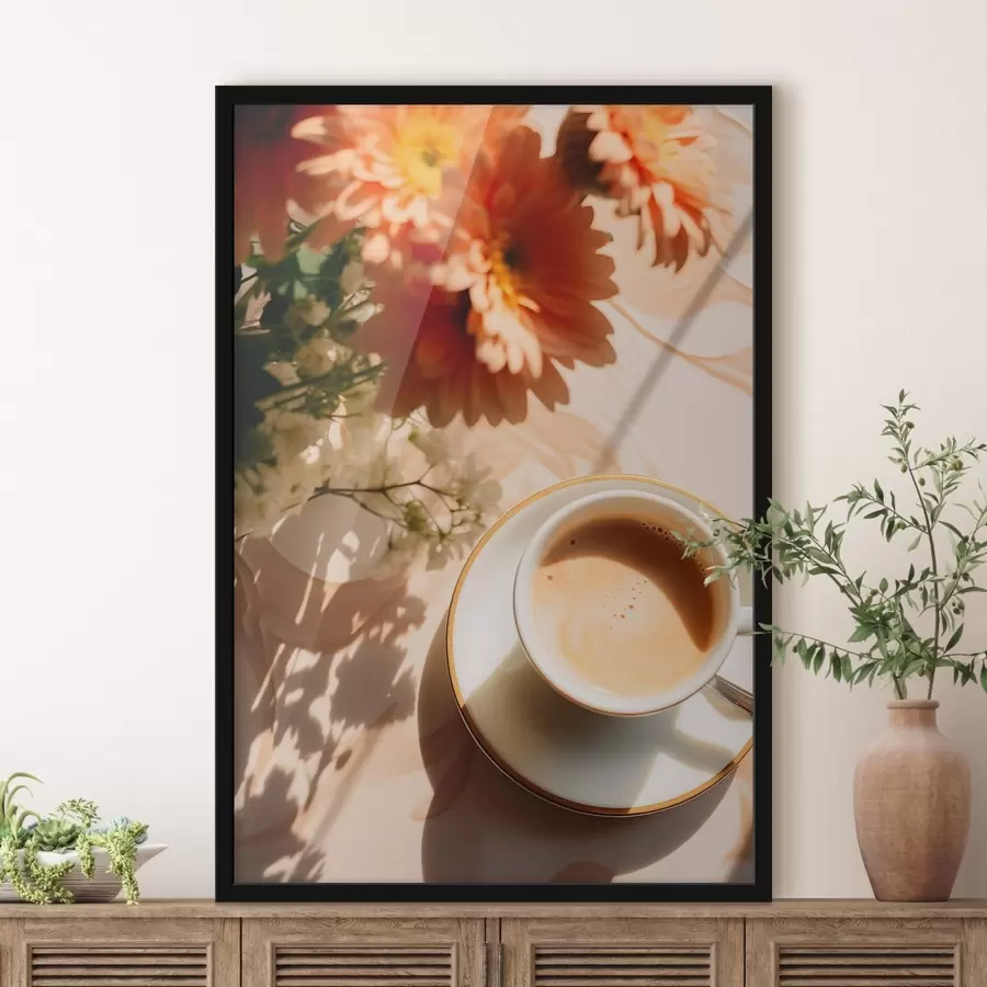 Fotobehang Een kop koffie met schuim op een wit bord, wat bloemen op de achtergrond, met zonlicht f45570
