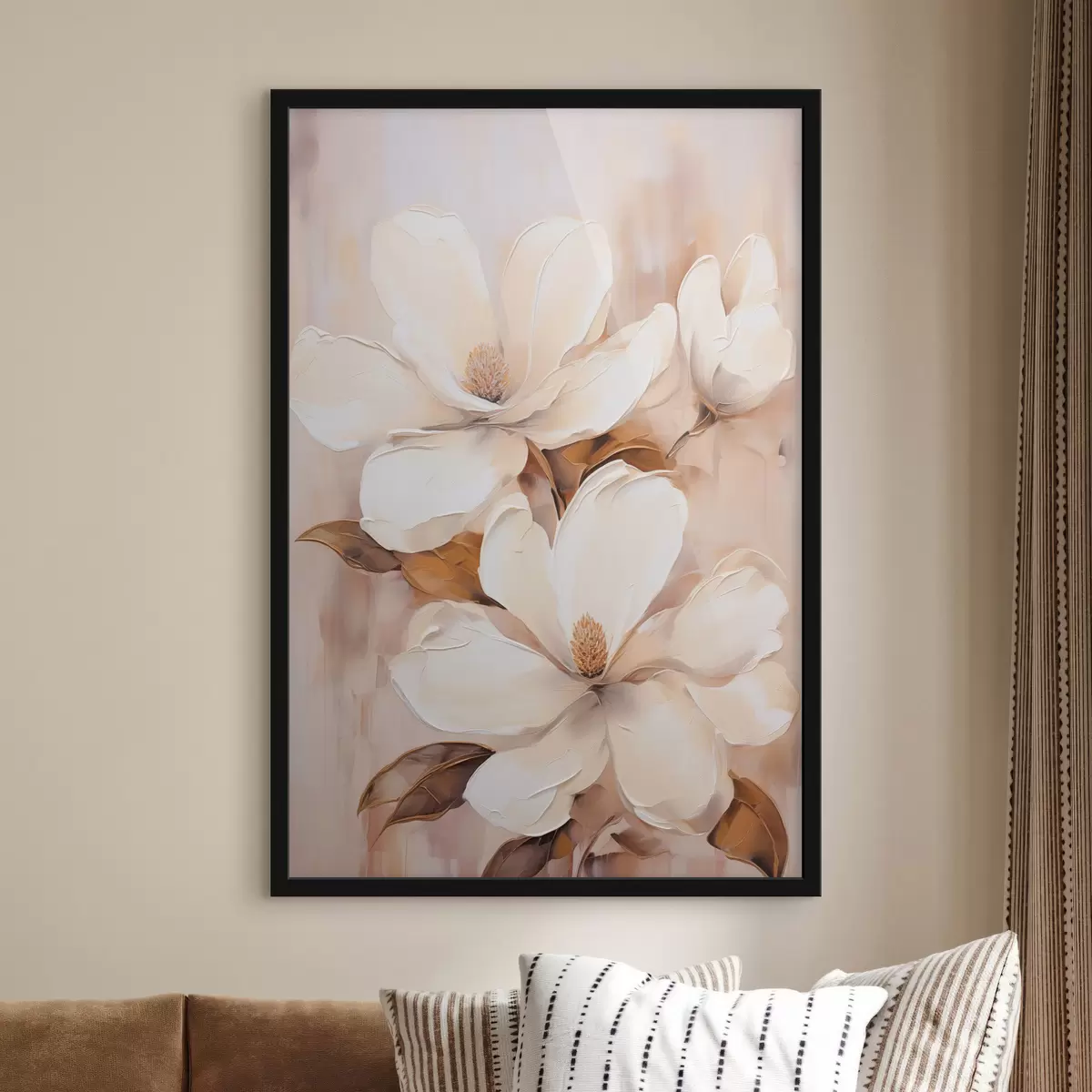 Affiche Fleurs de magnolia blanches sur un fond doux et flou de tons beiges et bruns, style peinture f45572