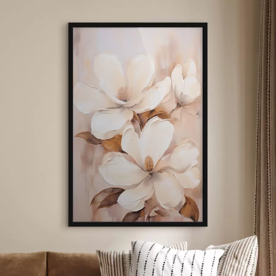 Fotobehang Witte magnoliabloemen tegen een zachte, onscherpe achtergrond van beige en bruine tinten, schilderstijl f45572