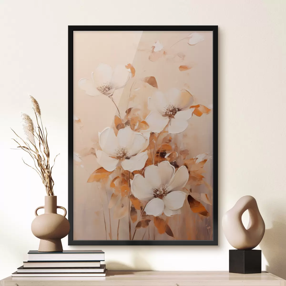 Affiche Fleurs blanches avec feuilles orange, coups de pinceau délicats, palette de couleurs chaudes, composition élégante f45573