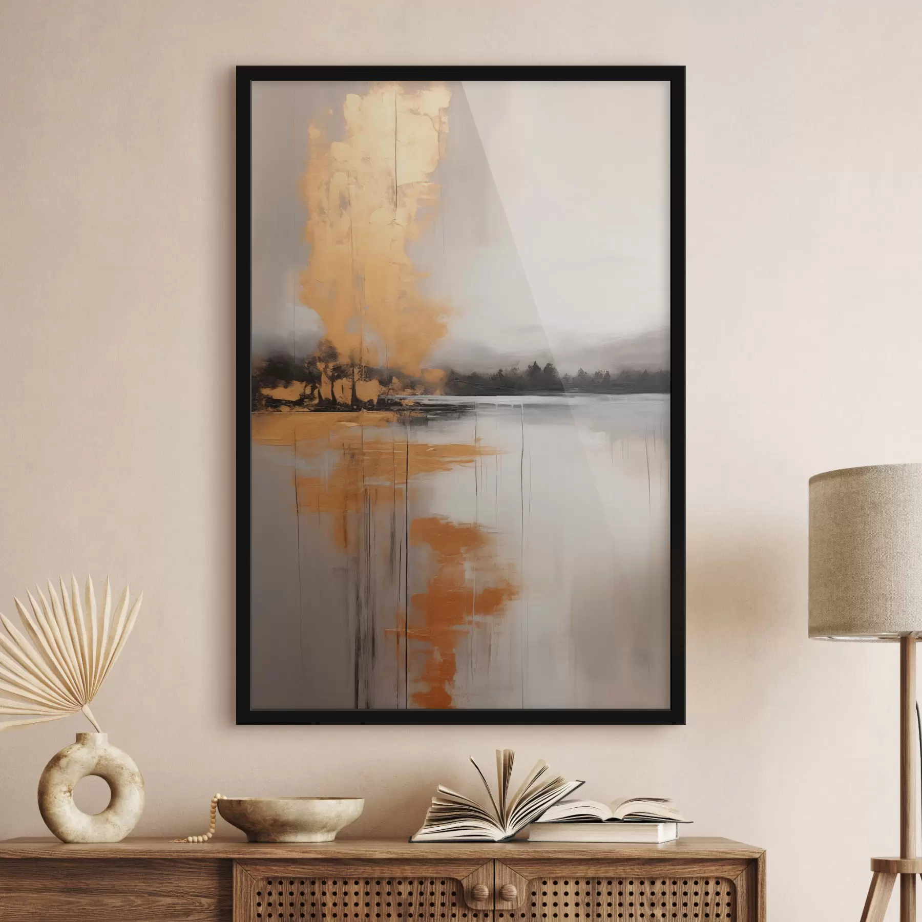 Papier peint photo Un paysage abstrait avec un lac, un arbre et un brouillard jaune, l'eau se reflète et le ciel est nuageux f45575