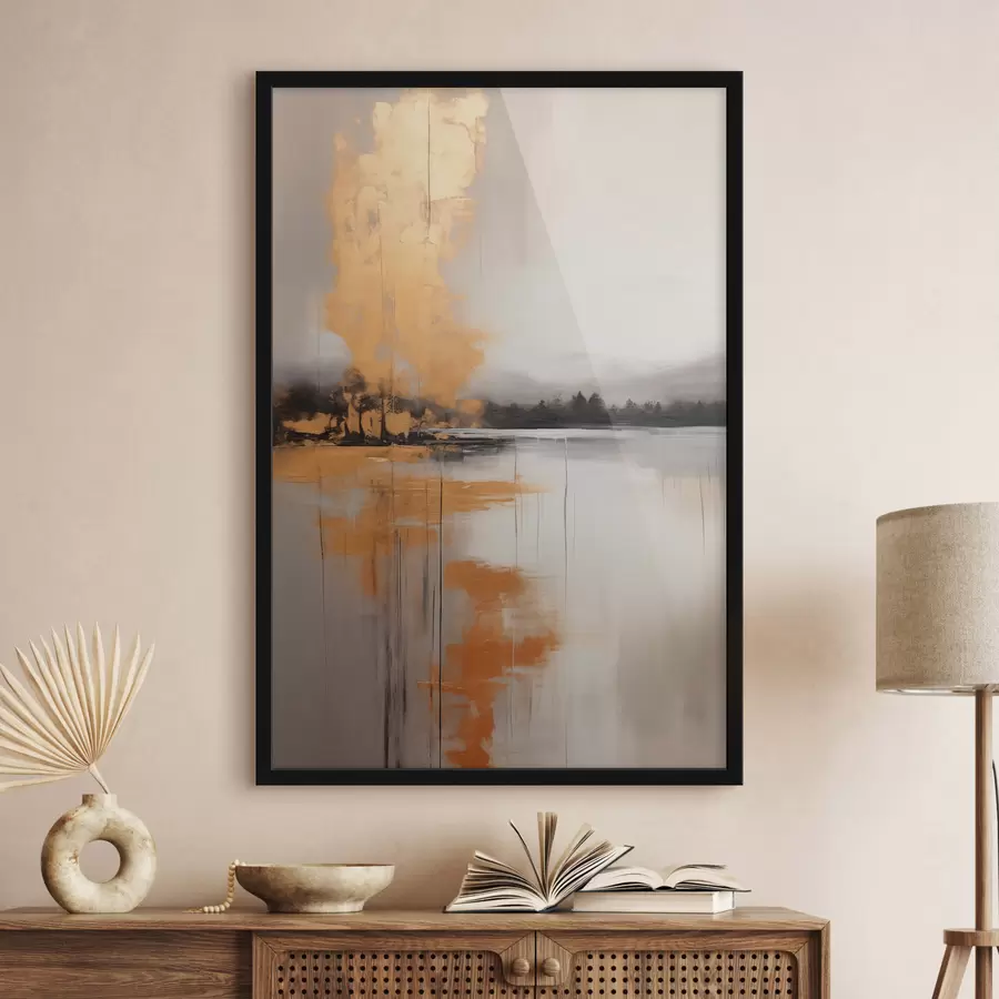 Papier peint photo Un paysage abstrait avec un lac, un arbre et un brouillard jaune, l'eau se reflète et le ciel est nuageux f45575