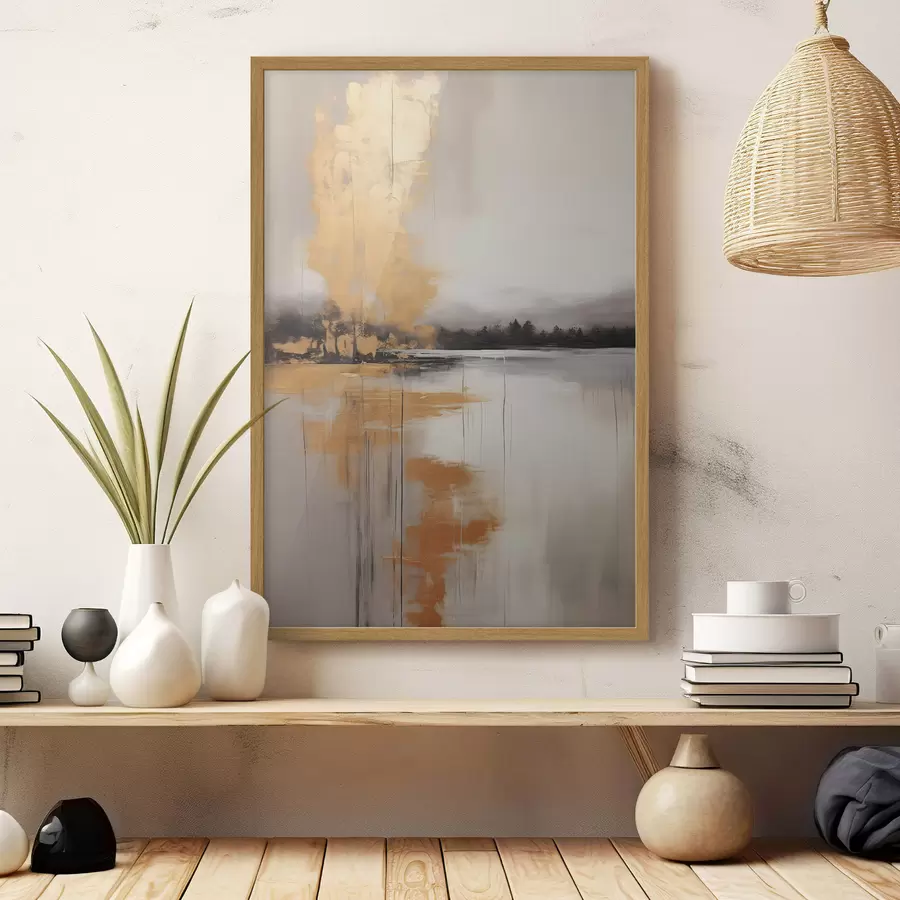 Papier peint photo Un paysage abstrait avec un lac, un arbre et un brouillard jaune, l'eau se reflète et le ciel est nuageux f45575