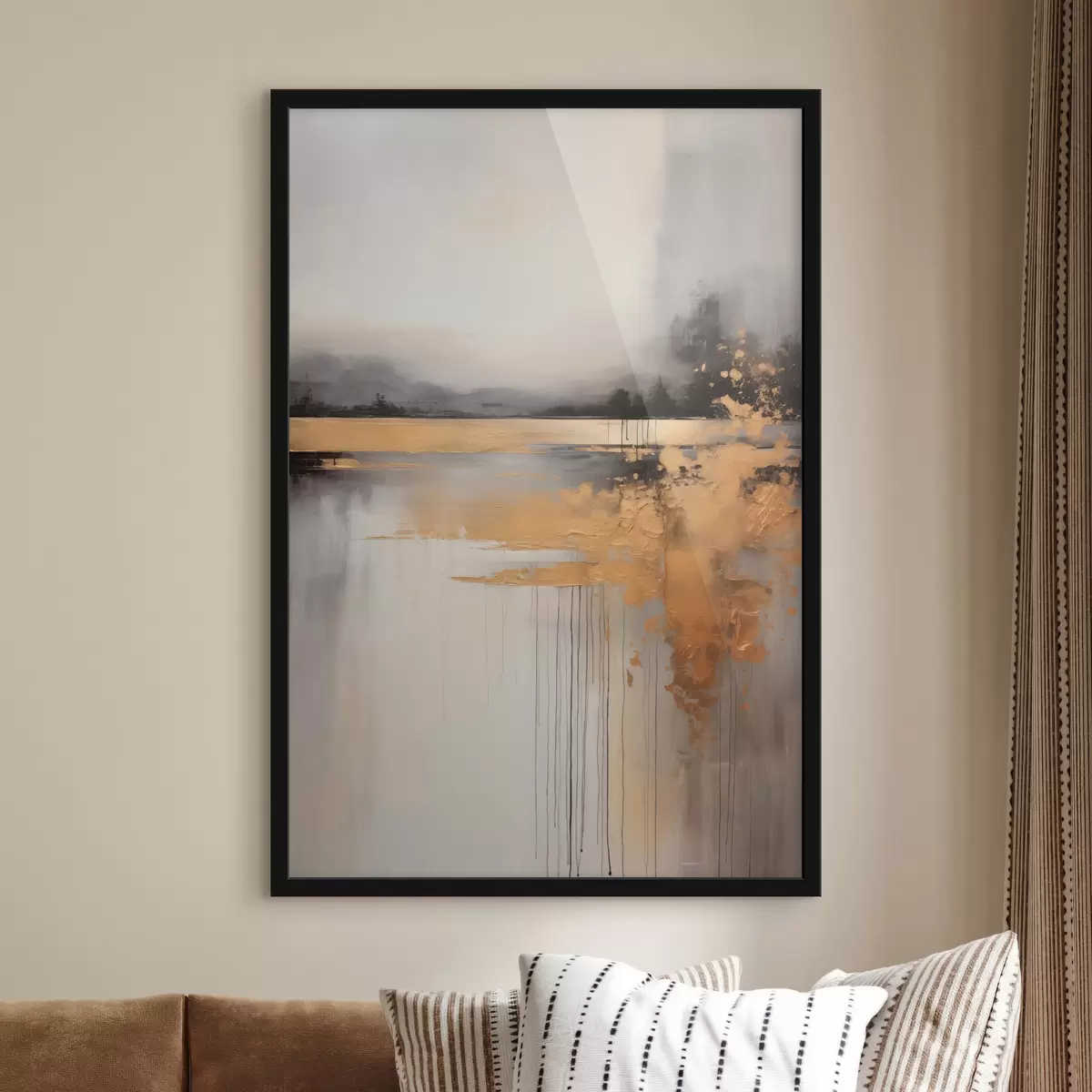 Affiche Paysage abstrait texturé avec une rivière et des arbres sombres en arrière-plan, le ciel est nuageux f45576