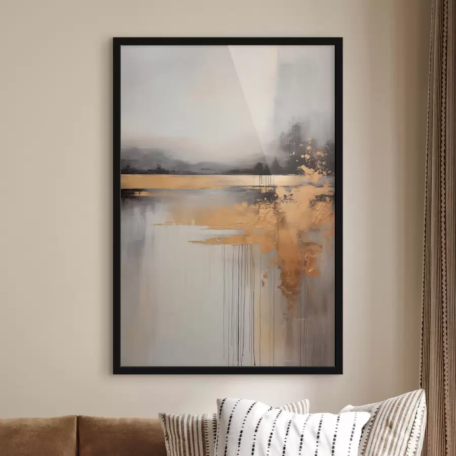 Papier peint photo Paysage abstrait texturé avec une rivière et des arbres sombres en arrière-plan, le ciel est nuageux f45576