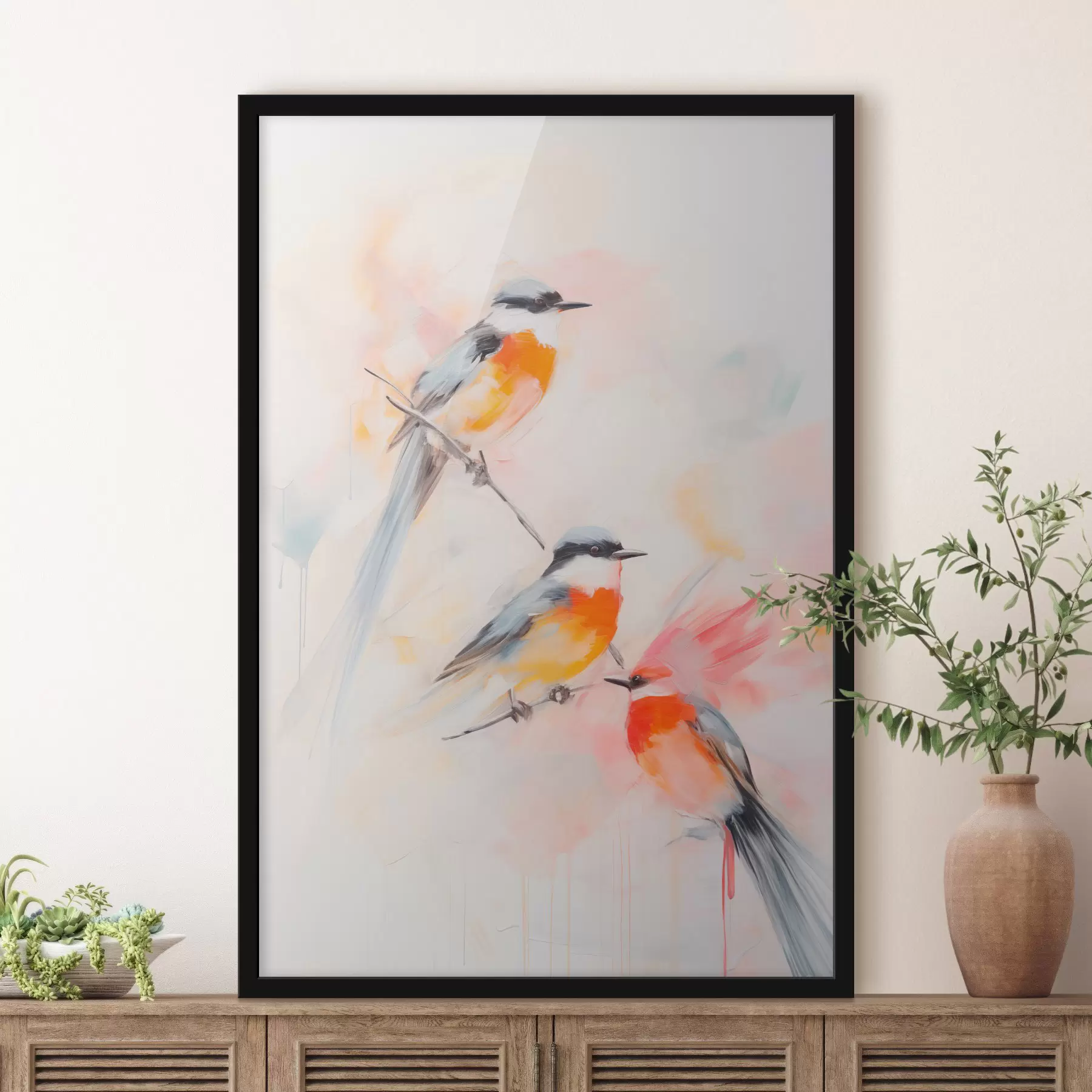 Papier peint photo Oiseaux perchés sur des branches, couleurs douces et pastel, fond clair avec des teintes roses et blanches f45577