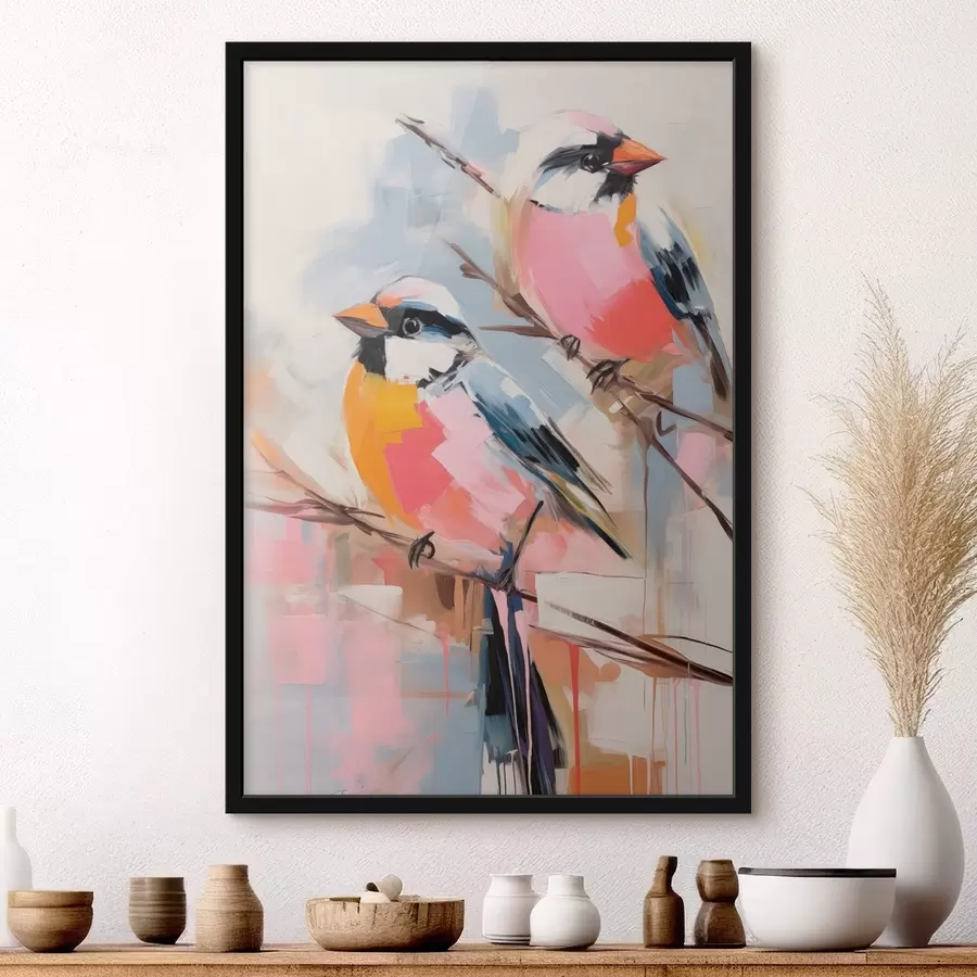Papier peint photo Oiseaux colorés perchés sur une branche sur un fond doux aux couleurs pastel f45578