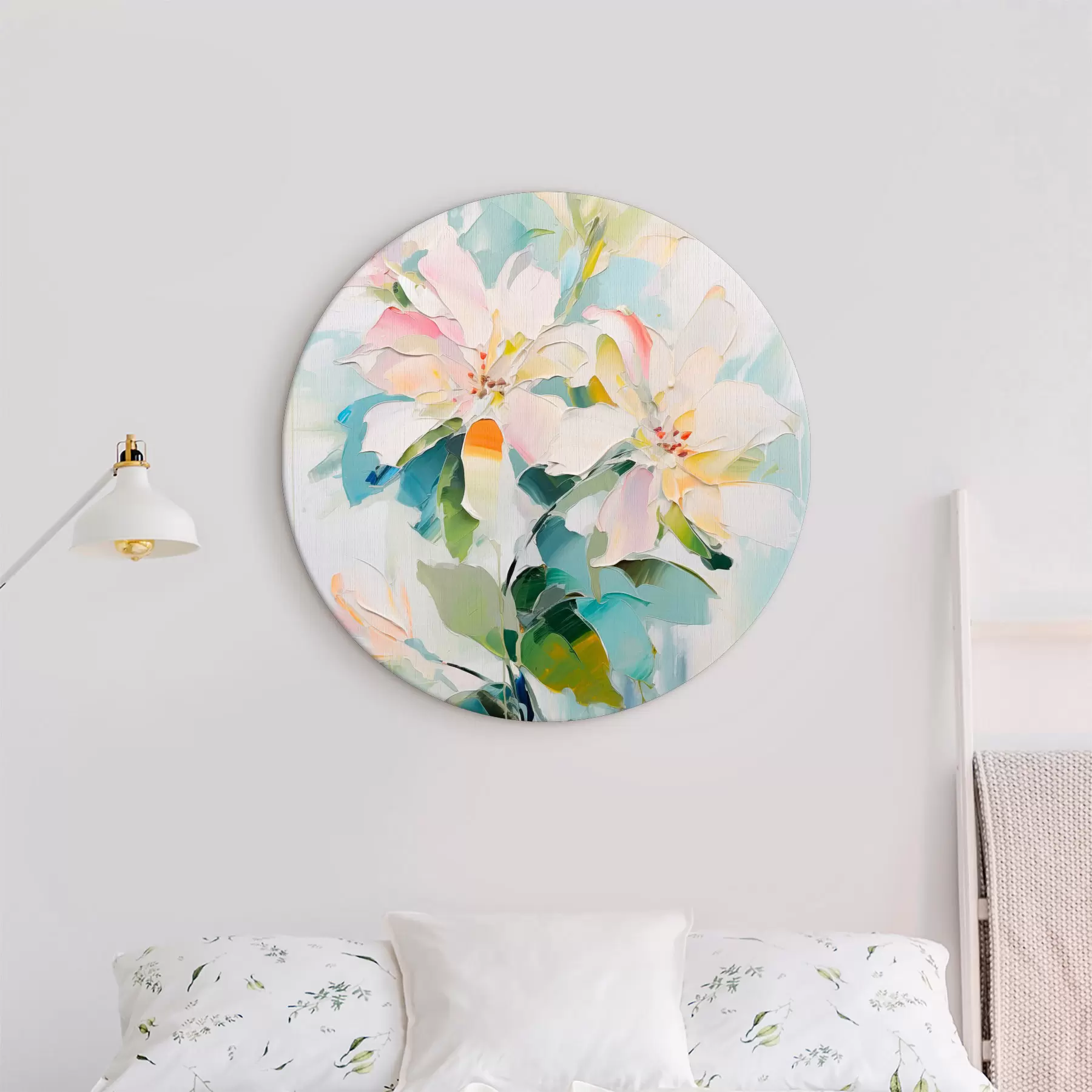  Schilderijen Bloemen met kleurrijke accenten, groene bladeren, zachte penseelstreken olieverf imitatie, lichtblauwe achtergrond r45549